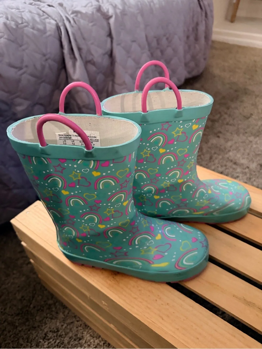 Western Chief Turquoise Kids Rain Boots with Pink Handles and Rainbow Print